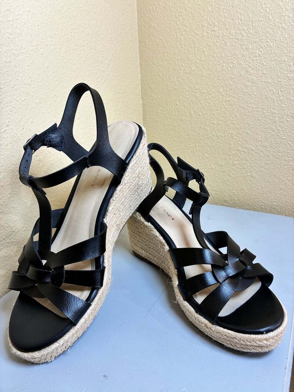 Rock & Candy Black Fola Espadrille Wedge Sandals Size 8